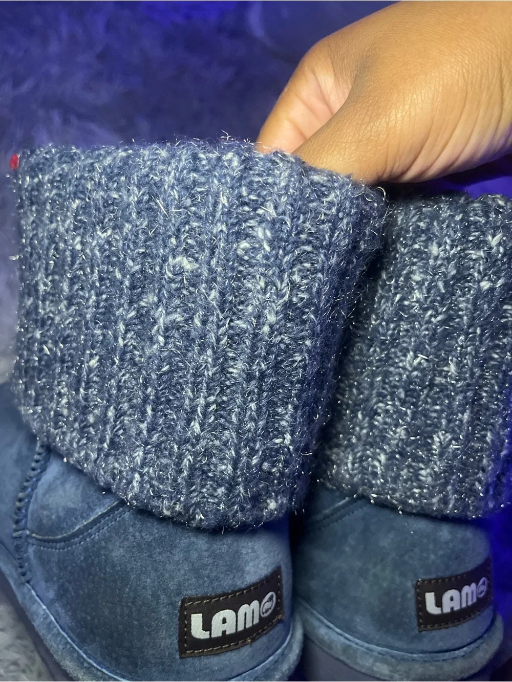 Cozy Women's Lams Fold-Over Knit Cuff Booties - Blue